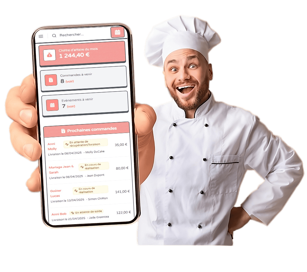Interface du logiciel ProCake montrant le tableau de bord de gestion pour patissiers avec les commandes, recettes et statistiques
